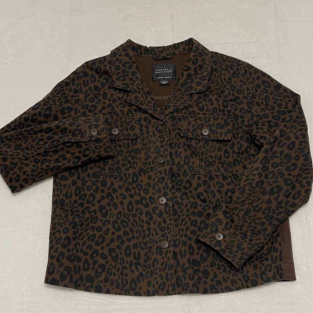 Sanctuary Leopard Print Utility Jacket Brown Black Button Front Cotton‎ Size M